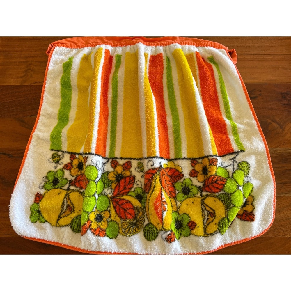 Vintage Terrycloth Half Apron Retro Fruit Floral Striped Orange Yellow Green